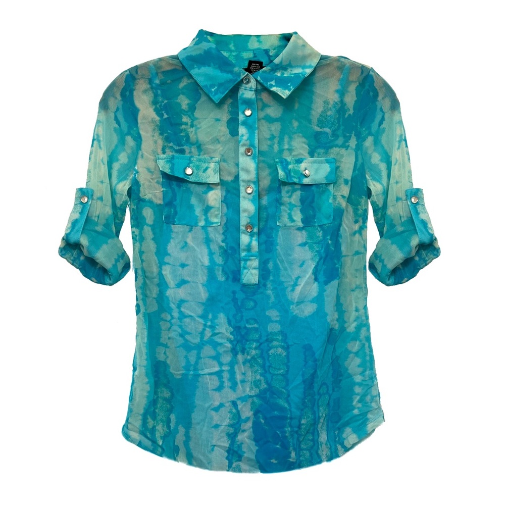INC Petite Sheer Blue Collared Diamond Buttons Adjustable Roll Up Sleeve Top, P